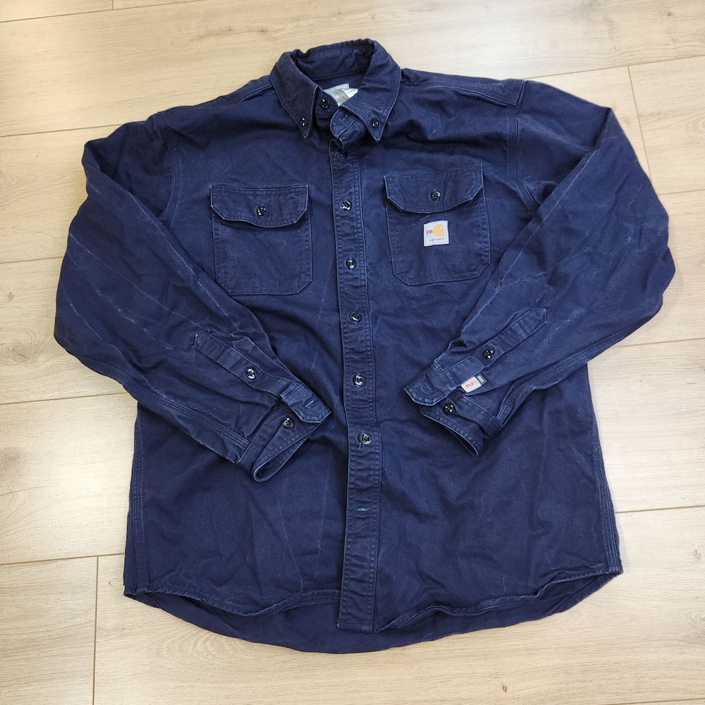 Carhartt FR Shirt Mens Large Blue Twill Long Sleeve Button Up Workwear